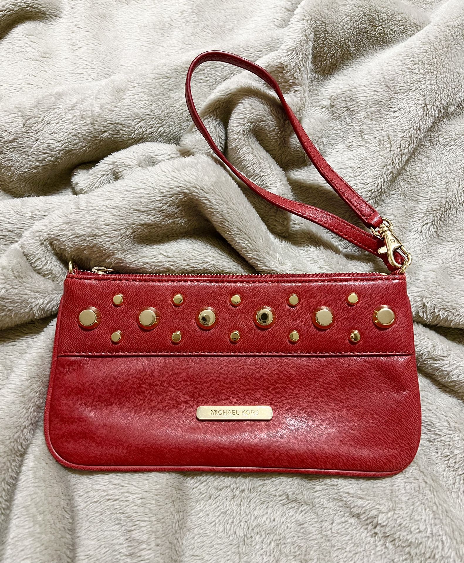 Michael Kors "Ludlow" Studded Red Leather Adjustable Wristlet Clutch