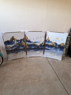 3 Canvas set blue/yellow Theme Mountains/Birds