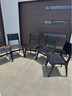 Set of 5 Modern Woven Dining Chairs – Black Wood Frame Style