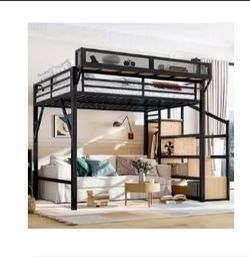 Black Metal Loft Bed with Built-In Storage Stairs & Overhead Ledge – Like New