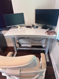 Glass Top Sit/Stand Desk with Chair & Monitors