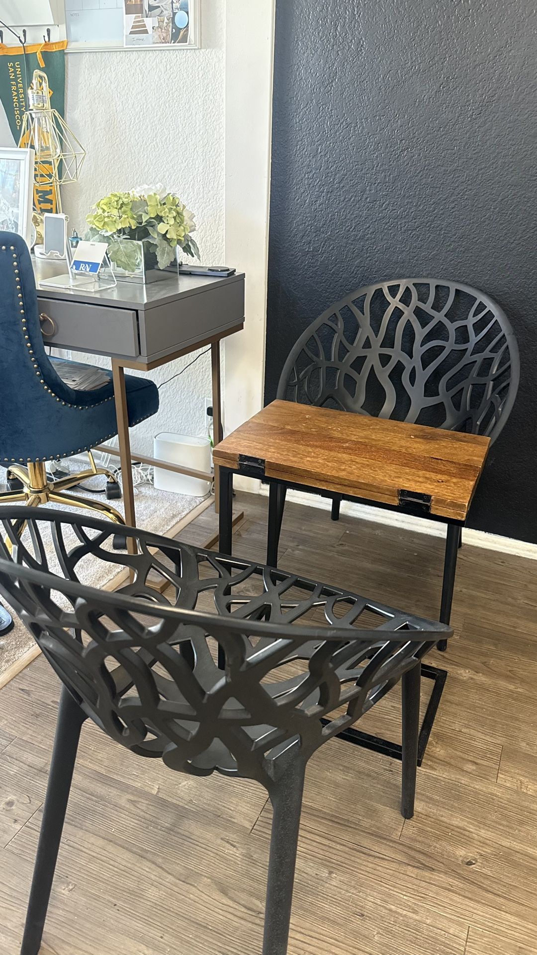 Wooden Fold out Table With Black Details And 2 Black Stylish Chairs 