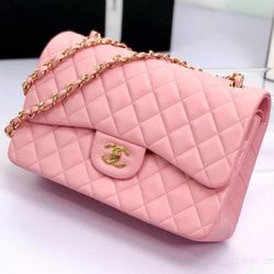 Genuine Leather Pink Handbag With Gold Cc Logo