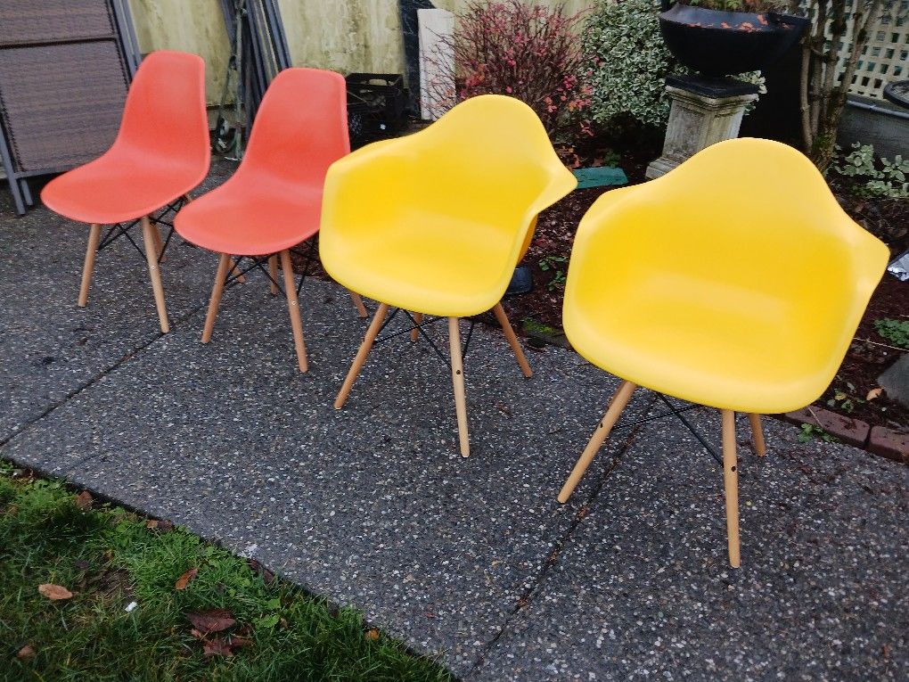 Mid Century Reproduction Eames Shell Chairs With Dowel Bases Armchairs And Side Chairs Dining Cgairs