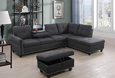New Dark Gray Sectional Sofa Charcoal Couch With Free Storage Ottoman And Pillows 