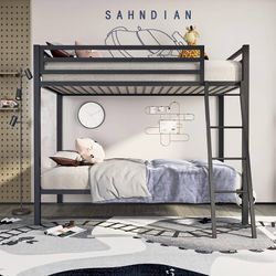 Metal Loft Bunk Bed Twin Over Twin Size with Ladder, Matte Black Safety Guardrail,No Box Spring Needed, Space Saving Bedroom Furniture