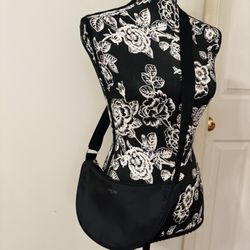 Lancome Black Crescent Nylon Shoulder Bag/ cross body/ Cosmetic Travel or makeup bag Adjustable Strap. Silky look. 12” wide, 5.5” tall 3” Width. Cones