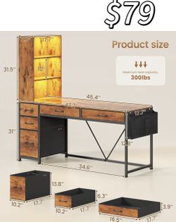 😀 SEDETA Computer Desk with 5 Drawers and Bookshelf, Reversible Home Office Desk with Storage Shelves and File Drawer, Gaming Corner Desk with LED Li