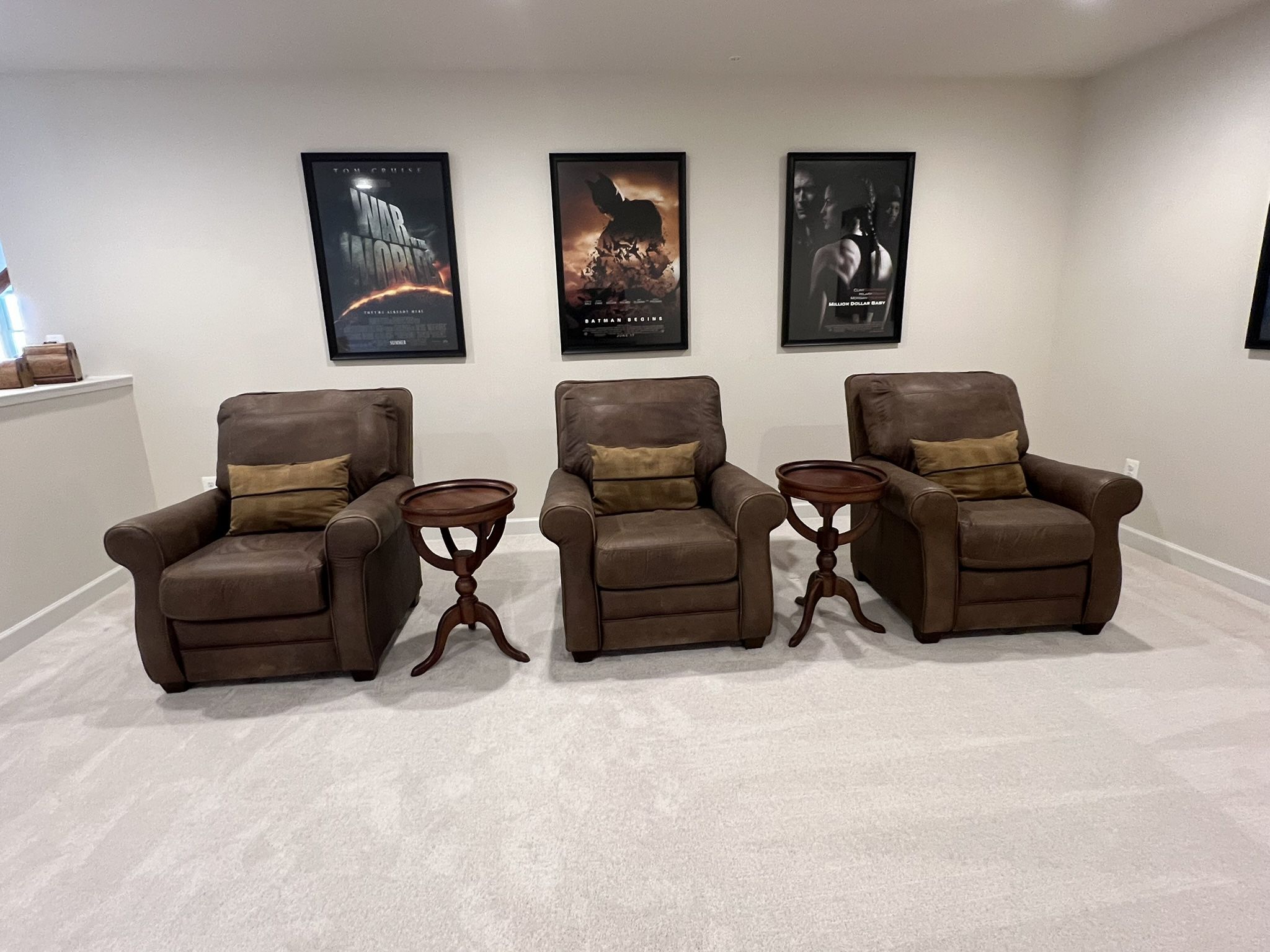 Moving- Home Theater Luxury – 3 Leather Recliners- used for staging only