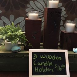 3 large wooden candle holders