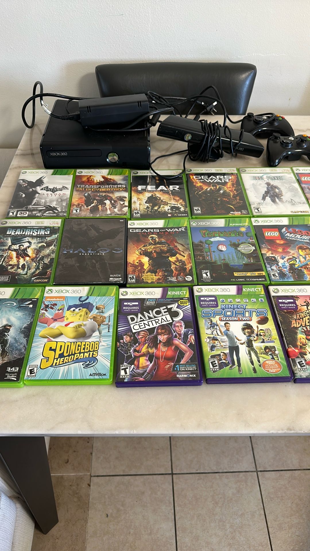 Xbox 360 With Kinect And Two Controllers With 29 Games