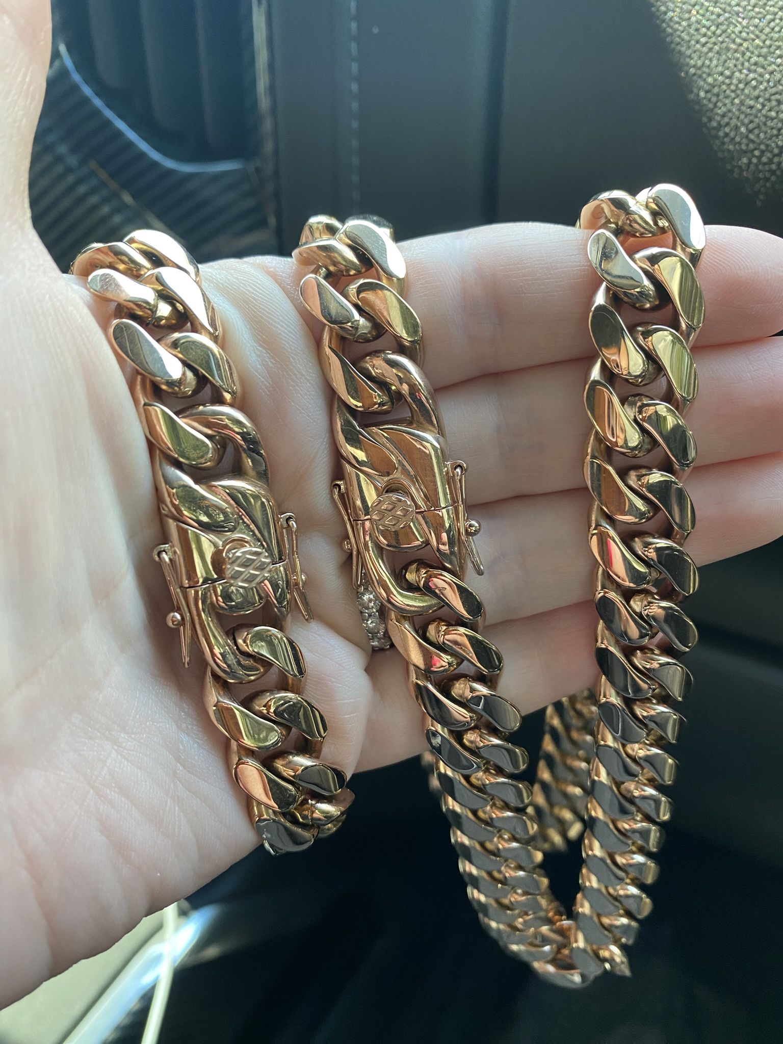 New 18k Rose Gold Filled Cuban Link Chain And Bracelet Set