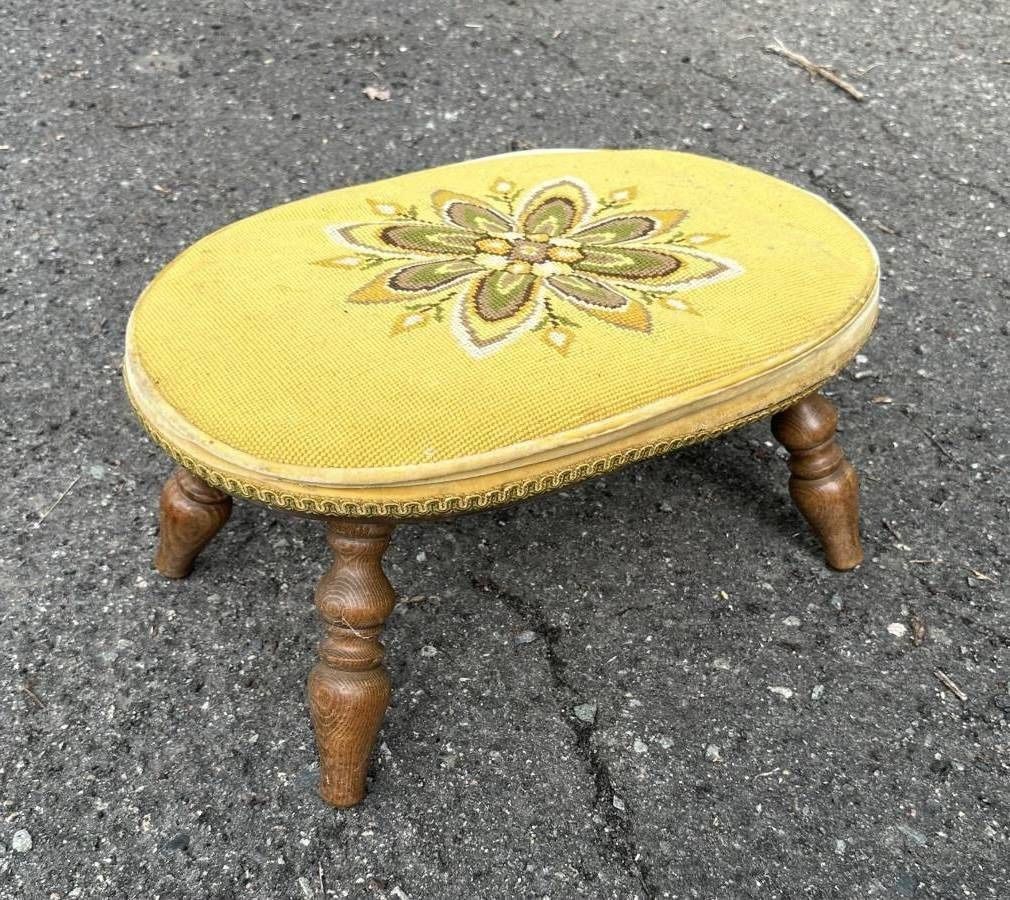 Antique Needlepoint Padded Wood Foot Stool Authentic Furniture Products