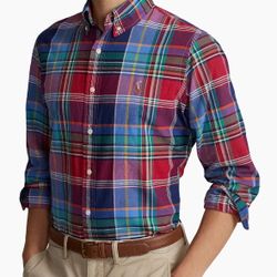 Defected Pre Owned  Polo Ralph Lauren Plaid Checkered Oxford Long-Sleeve Shirt  Classic Fit  Men Size Medium  