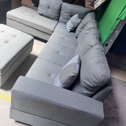 L-Shaped 3-Piece Linen Sofa with Storage Ottoman Set, Sectional Couch Sofa Set for Living Room, Office, Small Space, Grey