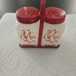 Vintage Sailboat Salt And Pepper With Stand.
