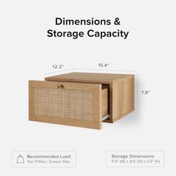 Floating bedside table, natural rattan, bohemian style, wall mounted, space-saving bedside tables, bedside tables, drawer with ample storage, for bedr