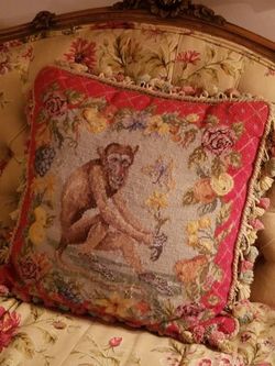 French Vintage Aubusson Monkey Decorative Pillow