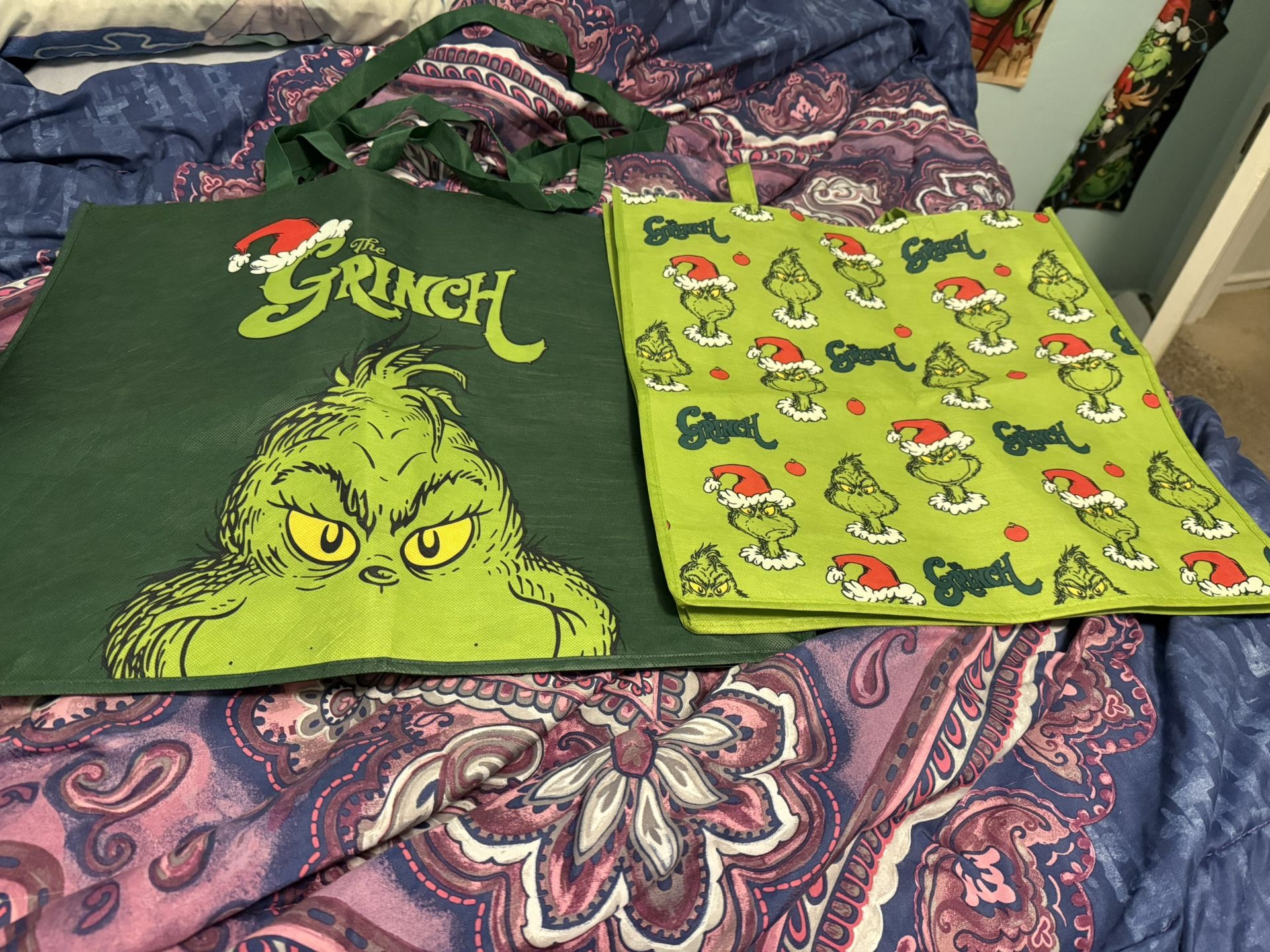 Two Large Grinch Reusable Grocery Bags