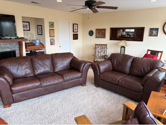 Leather Sofa & Loveseat Set — Genuine Top-Grain