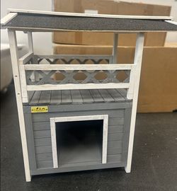 2-Story Outdoor Cat House with Balcony - Weatherproof Wooden Shelter for Cats, Small Dogs, & Rabbits/Bunnies - Grey/White