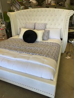 White Velvet Queen Bed w/ Extra Tall Upholstered HB