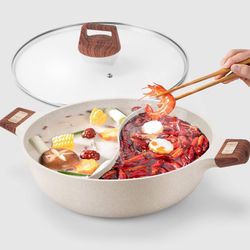 Hot Pot with Divider Double Flavor Divided Stockpot with Glass Lid Dual Sided Soup Cookware