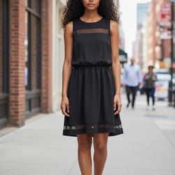 French Atmosphere Black Sleeveless Mesh-Panel Mini Dress