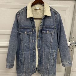 &Denim Sherpa lined Light Wash Long Denim Jacket