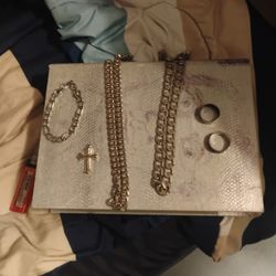 6 Pieces Total 1figaro Link Bracelet/ 28"Cuban Link Necklace /24"Curblink Style Necklace/2 Silver Rings Mens