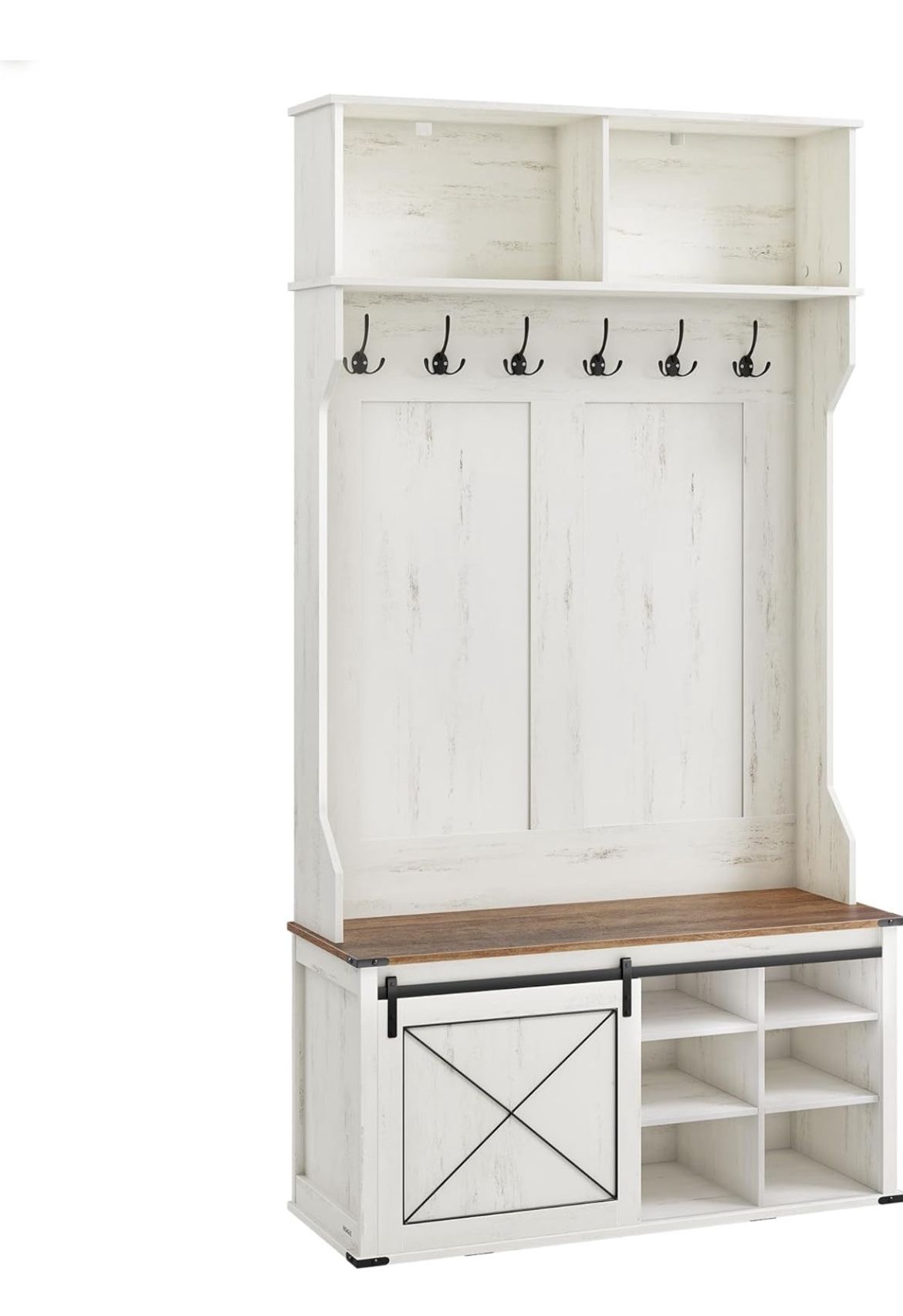 Hall Tree with Bench and Shoe Storage, Coat Rack with Shoe Bench, Entryway Furniture, 6 Tri-Hooks, Sliding Door, Farmfouse Style, Space Saving, Rustic