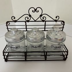 Coffee, Sugar, Tea Canisters In Decorative Holder