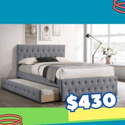 New In Box FULL BED W/TRUNDLE-LIGHT GREY BURLAP And 2 Mattresses.