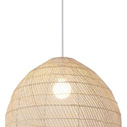 Pendant Light,Hand-woven13.87in Rattan Hanging Light,White Painted Metal Domed Shape Woven Light Fixture