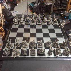 The King Arthur Chess Set By Gorham, Complete With All 32 PCS In High Quality Pewter W/Swarovski Crystals 24" x 24" Glass Board