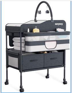 Baby Changing Table with Storage, Adjustable Height Nursery Table Folding Design, 4 Level Adjustable Height, Waterproof Surface, Removable Wheels, Por