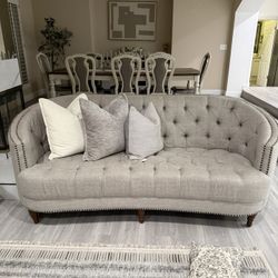 classic sofa features rounded back softly surrounds a thick, plush, padded seat to form a striking design that's simply divine. Beautiful, beige uphol