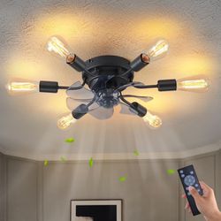 Modern Ceiling Fan Light 5-Blade Remote Control 6-Speed Metal Black
