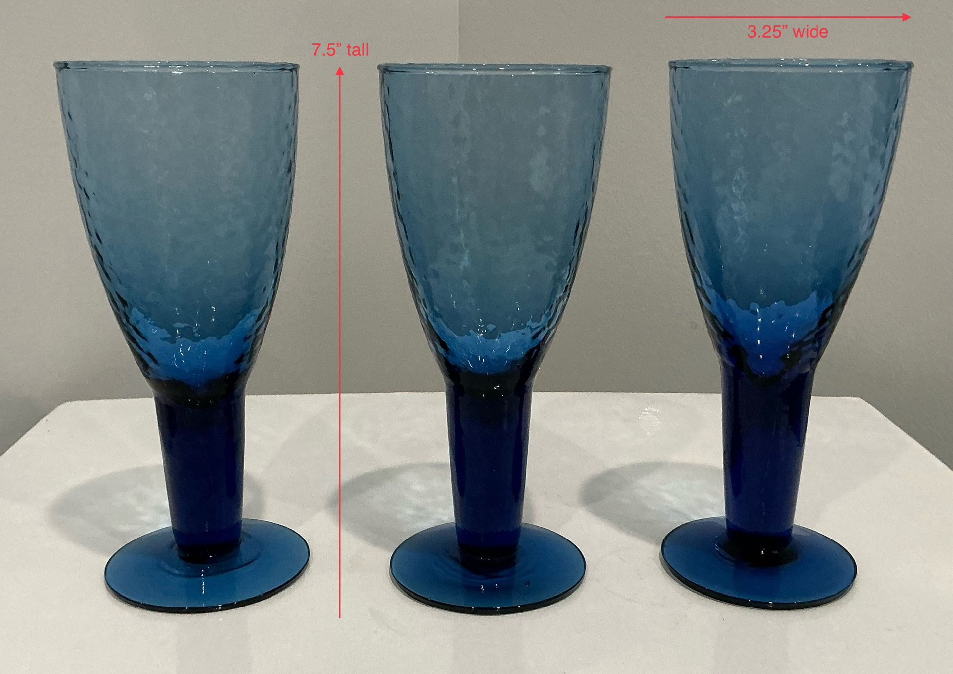 Set of 3 Vintage Cobalt Blue Bormioli Rocco Palatina Hammered Textured Glass Goblets
