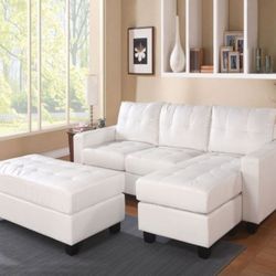 Brand New White Leather Reversible Sectional Sofa With Ottoman 