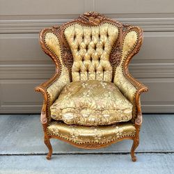 chair vintage french provencial wood satin tufted wingback ornate carved