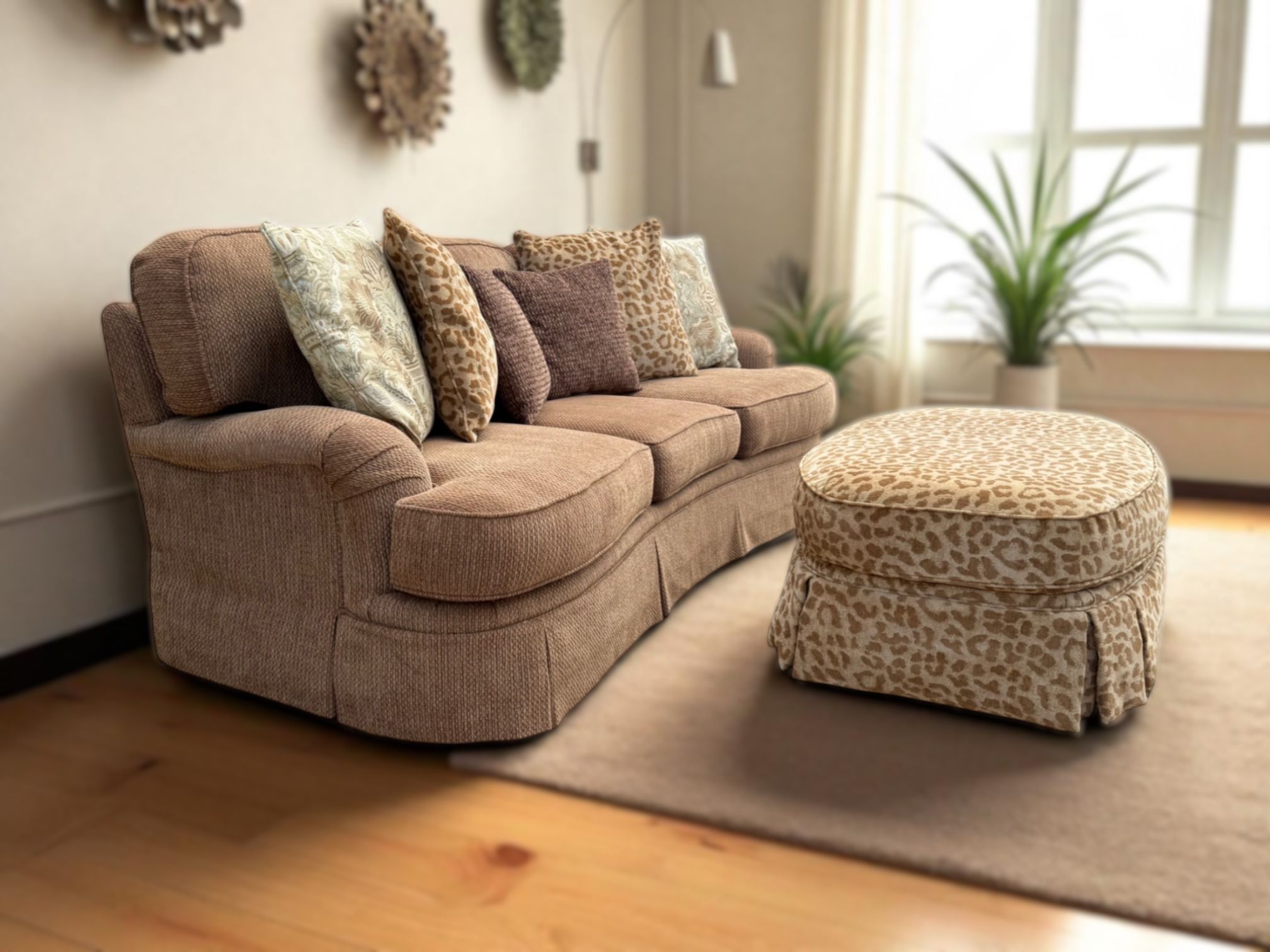 Broyhill Brown Chenille 3-Seat Curved Couch & Rolling Ottoman