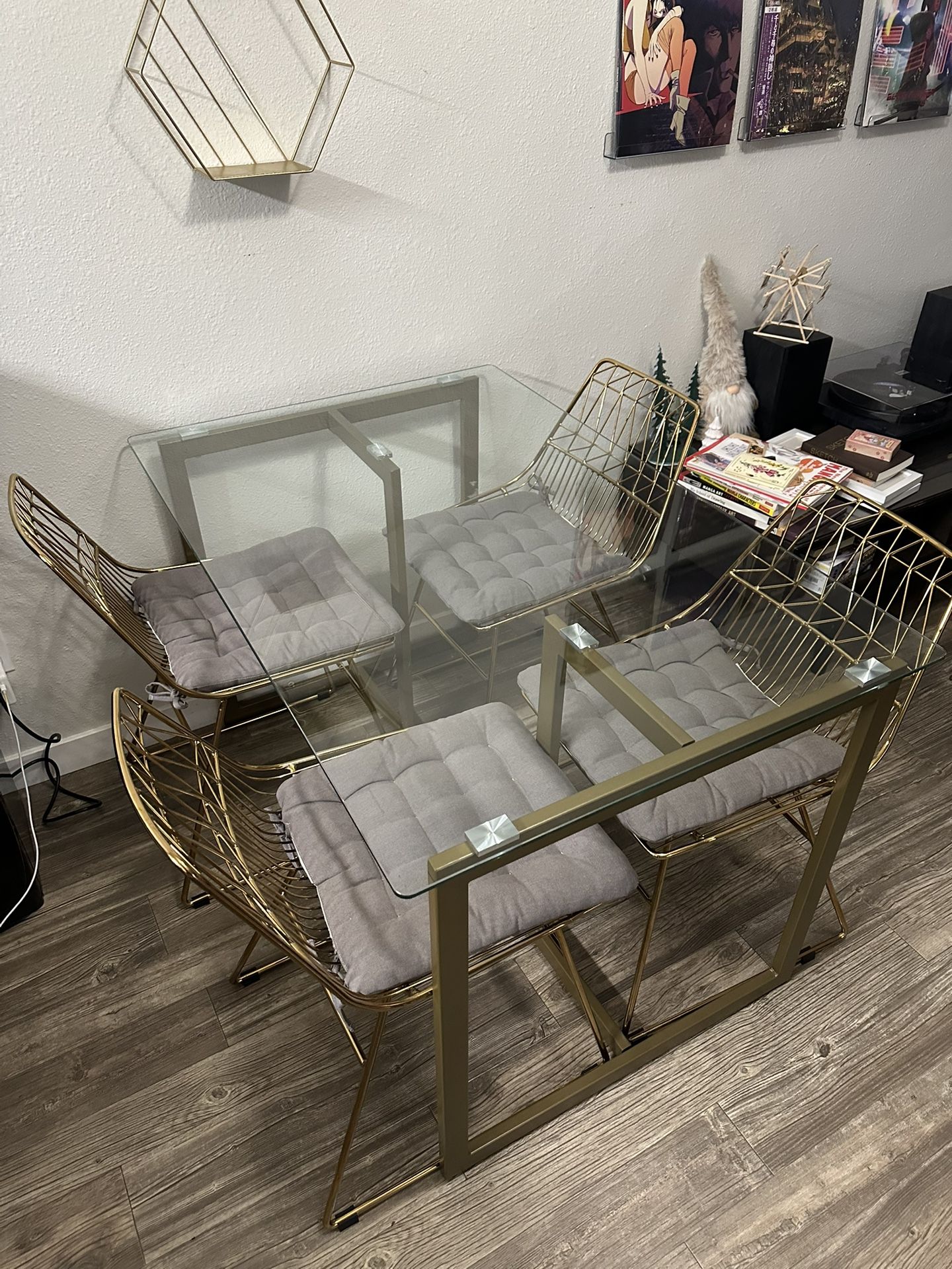Modern Gold Glass Dining Table + 4 Chairs – Mid Century Glam