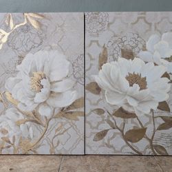 32x24 Large Floral White/Taupe/Gold Canvas Wall Art- Cavas Wall Decor
