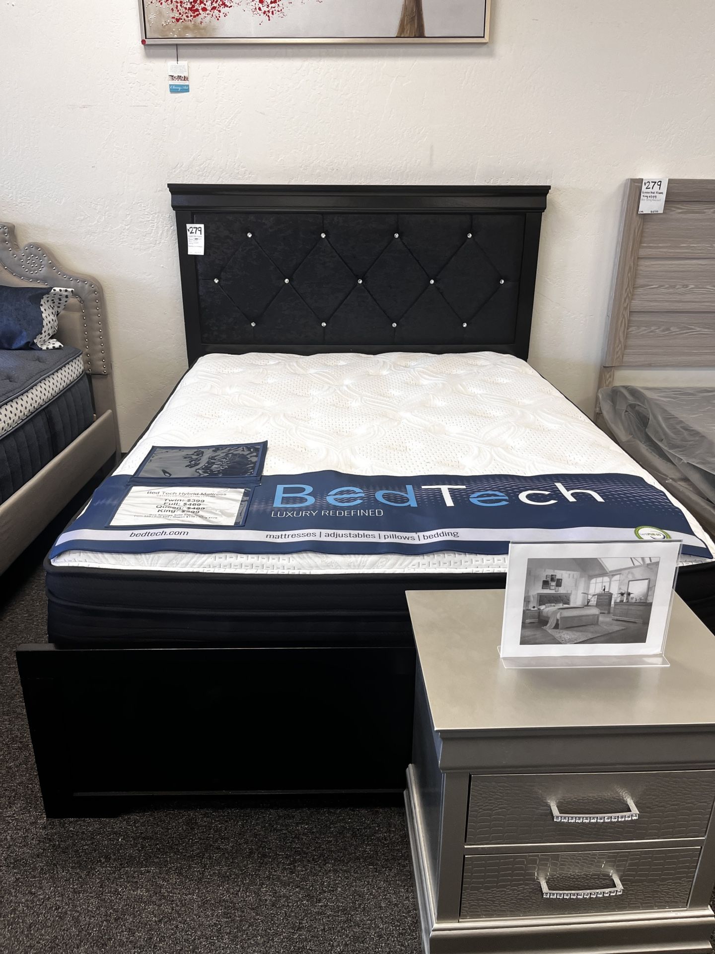 Queen Black Bed Frame With Diamonds In Tufted Headboard