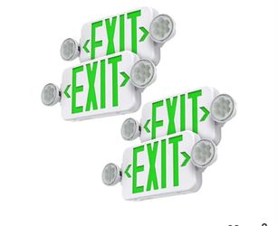 1007: New 6pk Green Led Exit Sign Emergency Light Combo Adjustable Two Head, Double Sided and Battery Backup Exit Light, Contractor Select, AC 120/277