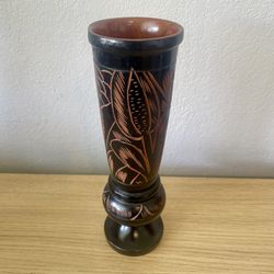Vintage Black Hand Carved Wood Vase Flowers Leaves MCM Boho Farmhouse