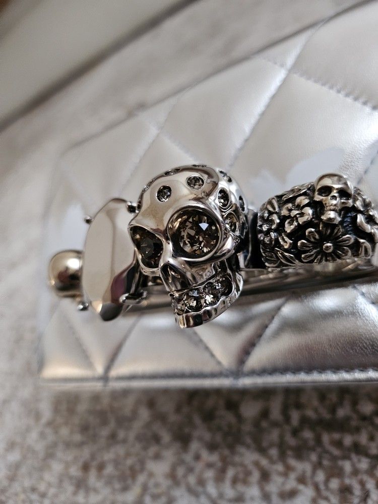 Alexander McQueen Mini Jeweled Satchel Quilted Silver Chain White Graffiti Shoulder Crossbody Bag