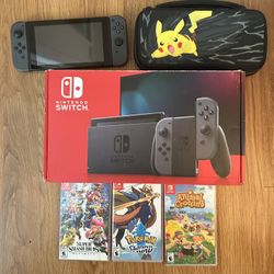 Nintendo Switch + 3 Games (Smash, Pokémon, ACNH) + Case & Box 