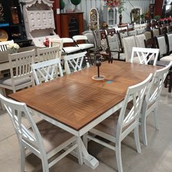 Distressed White Farmhouse Style Dining Table Set W/6 Chairs 